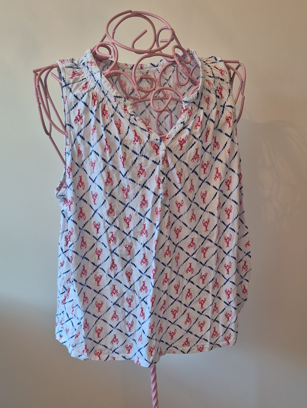 Kim Rogers White Sleeveless Camisole with Navy Diamond Grid and Red Motif